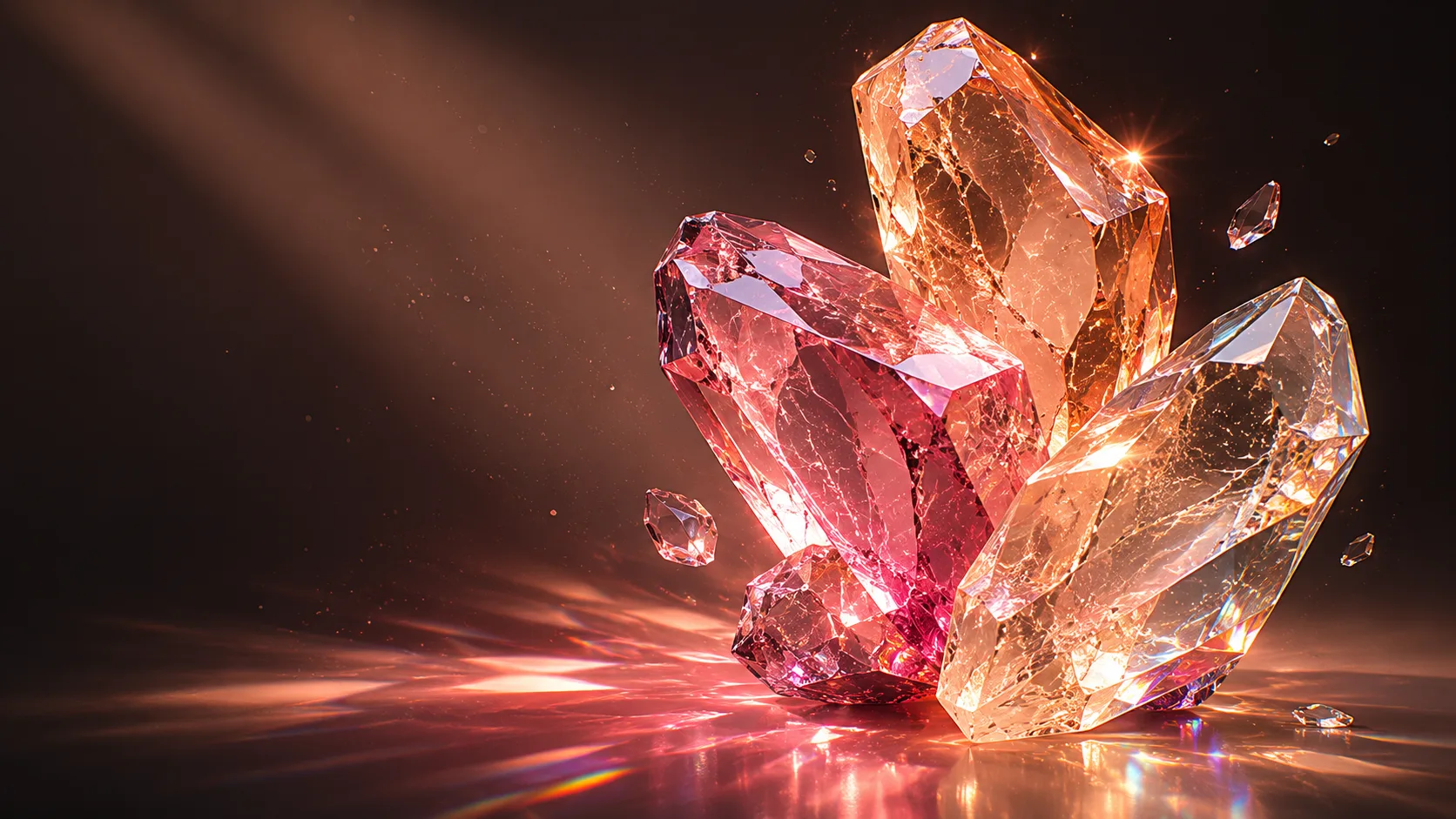 Tight cluster of translucent amber and rose crystal shards on dark taupe