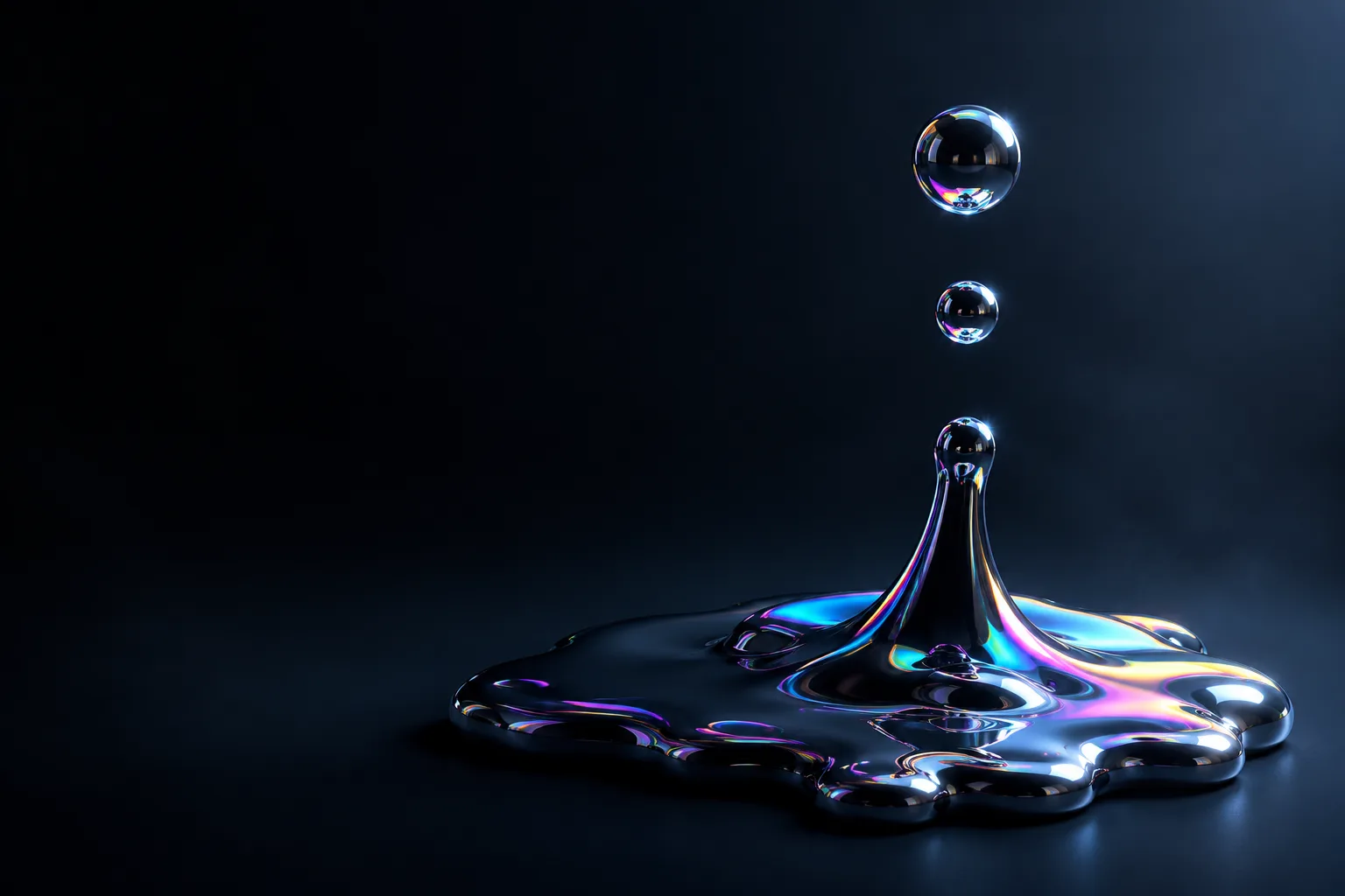 Iridescent mercury pool with suspended droplets on deep charcoal
