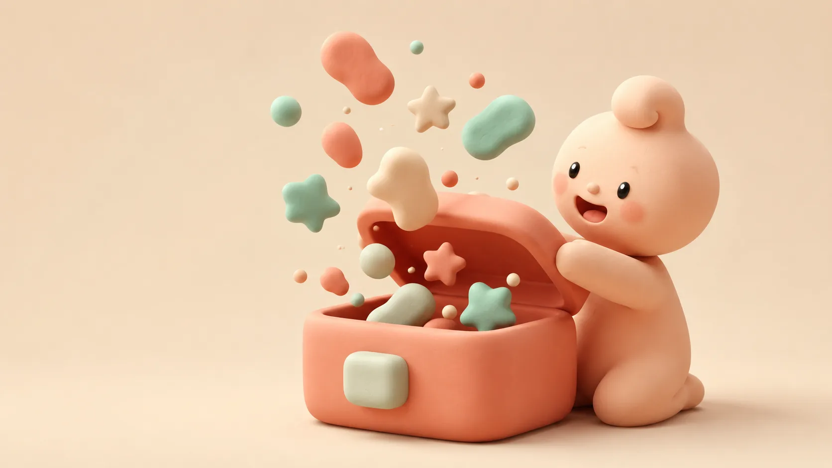 Claymorph character happily opening a large rounded package box