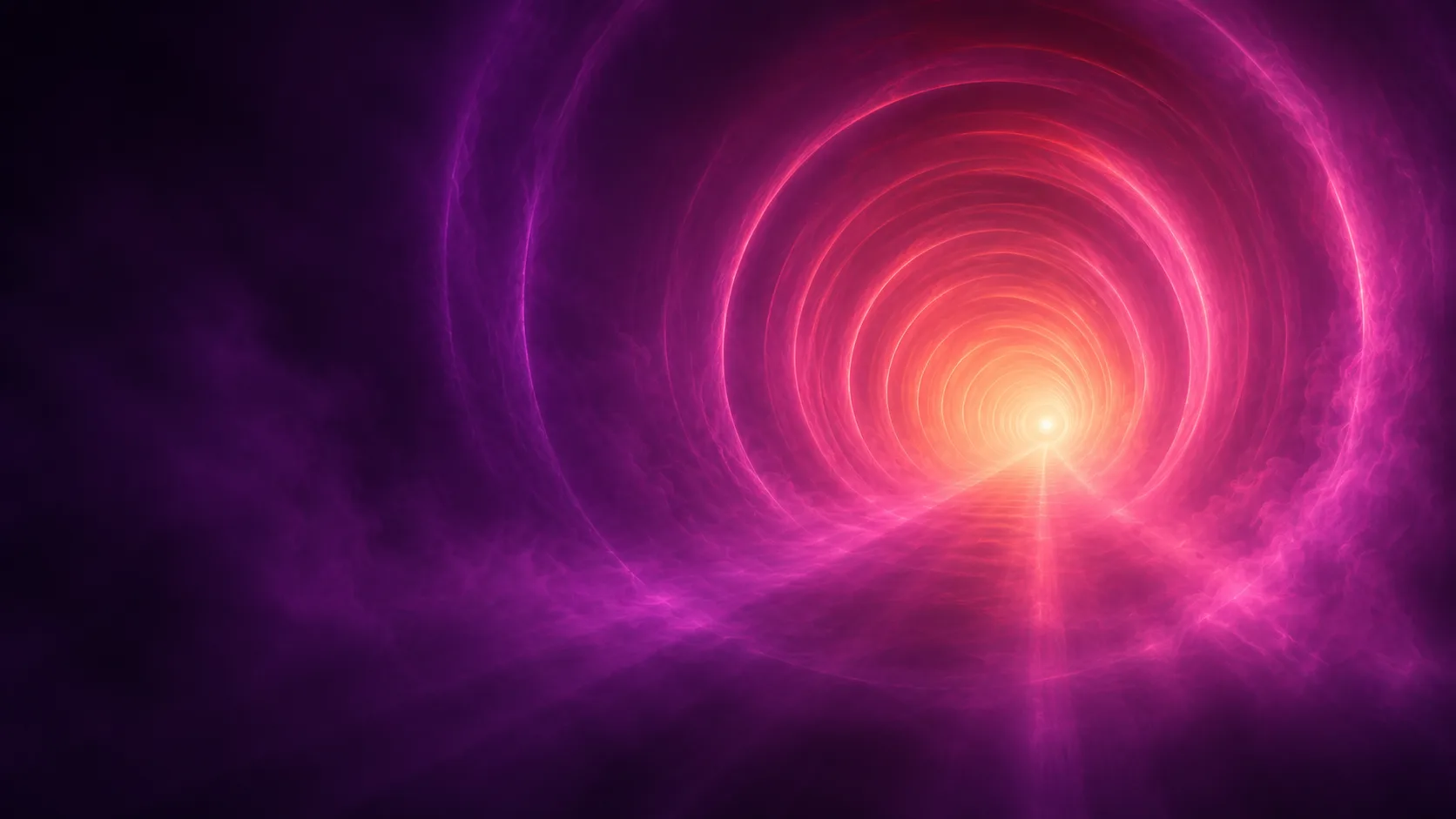 Cinematic volumetric tunnel of light receding into magenta vanishing point