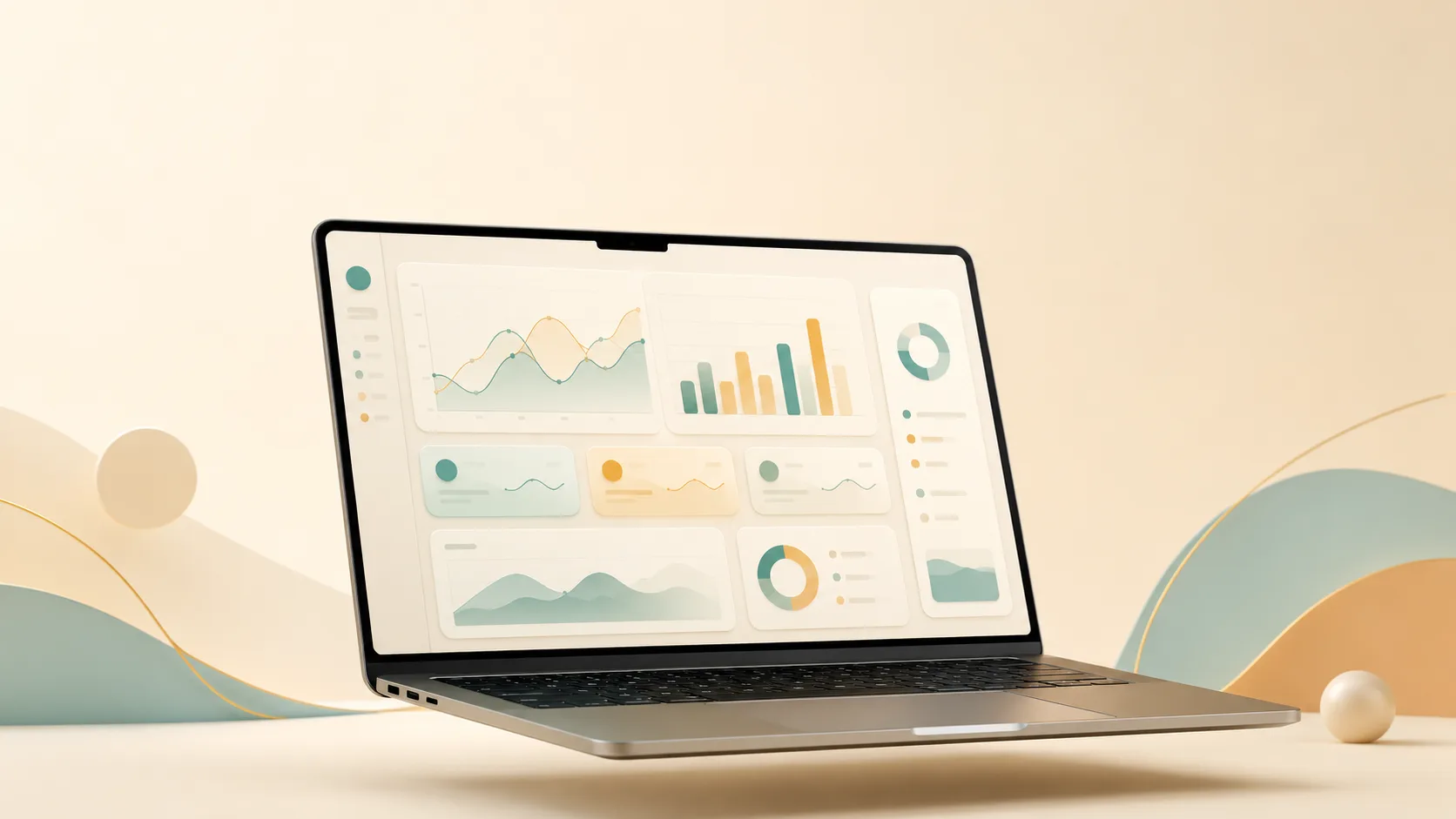 Floating laptop showing an abstract analytics view with soft charts and metric cards