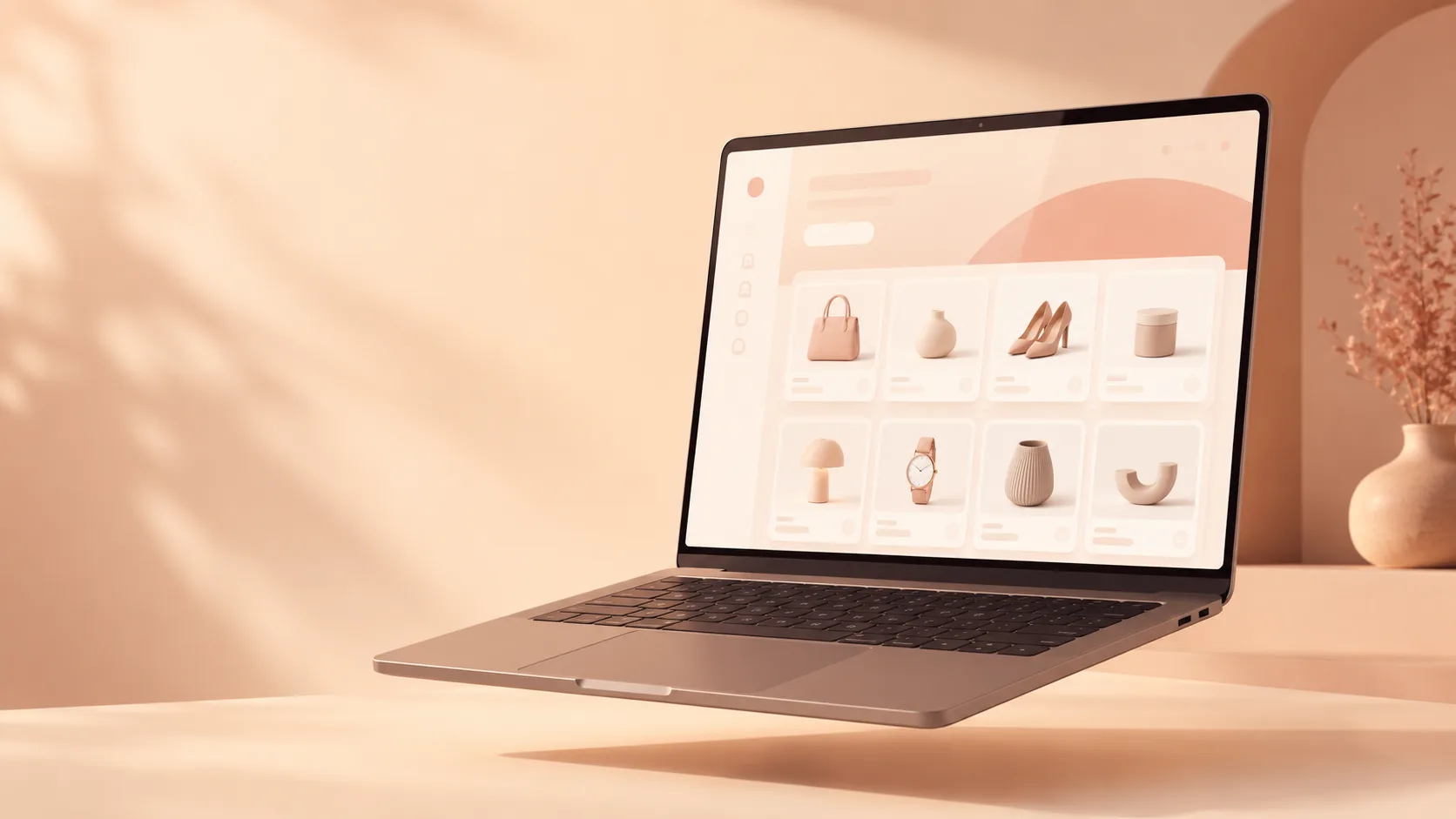 Floating laptop showing an abstract online-store grid in warm cream and peach
