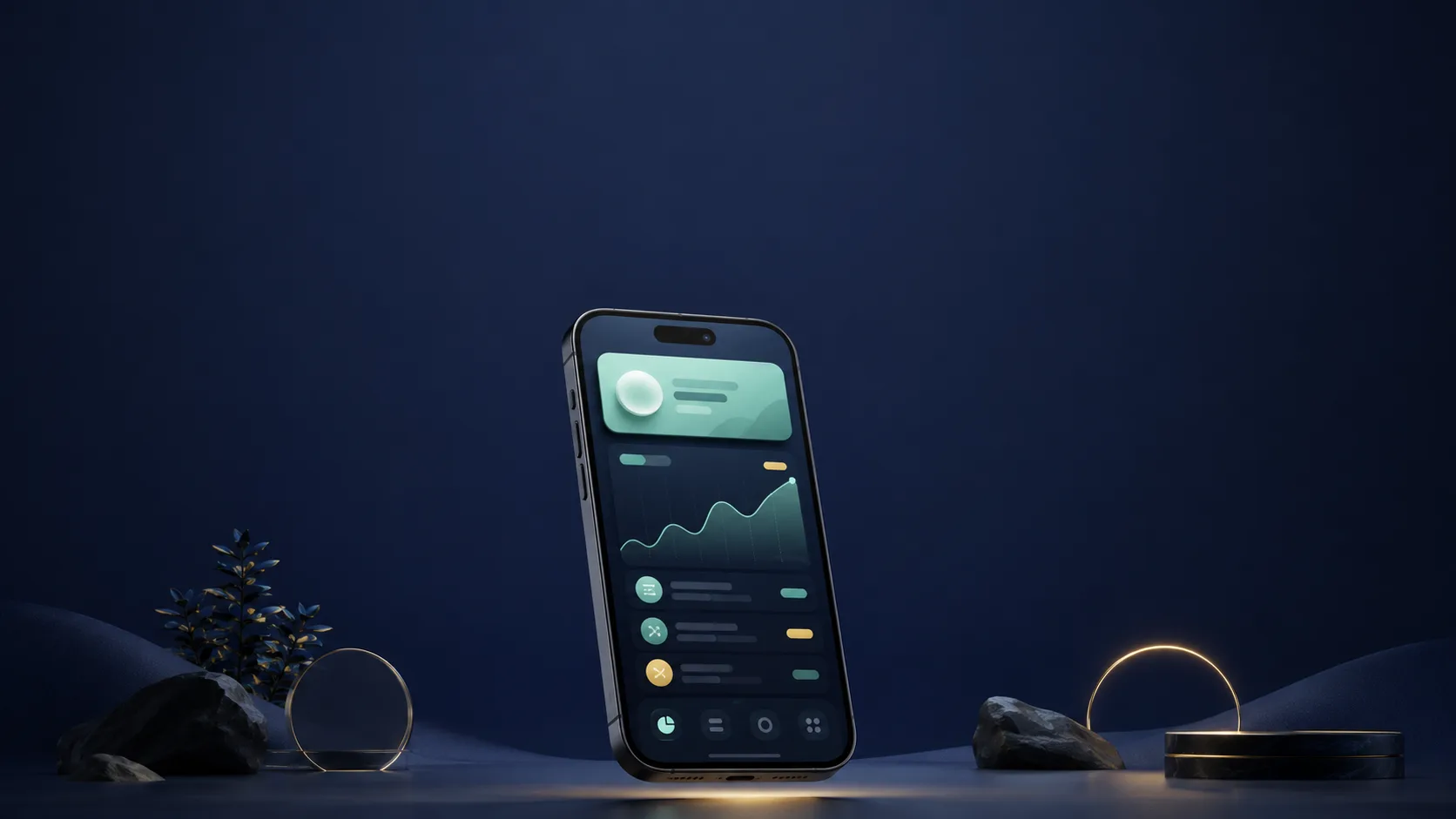 Floating smartphone showing an abstract finance UI with a balance card and a chart