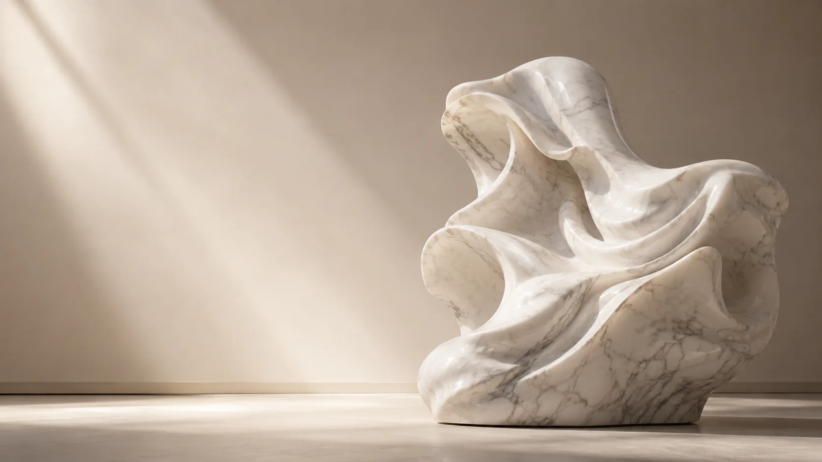 Abstract Carrara marble sculpture in warm gallery sweep