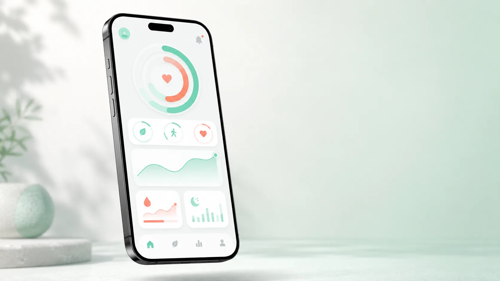 Floating smartphone showing an abstract health UI with soft activity rings