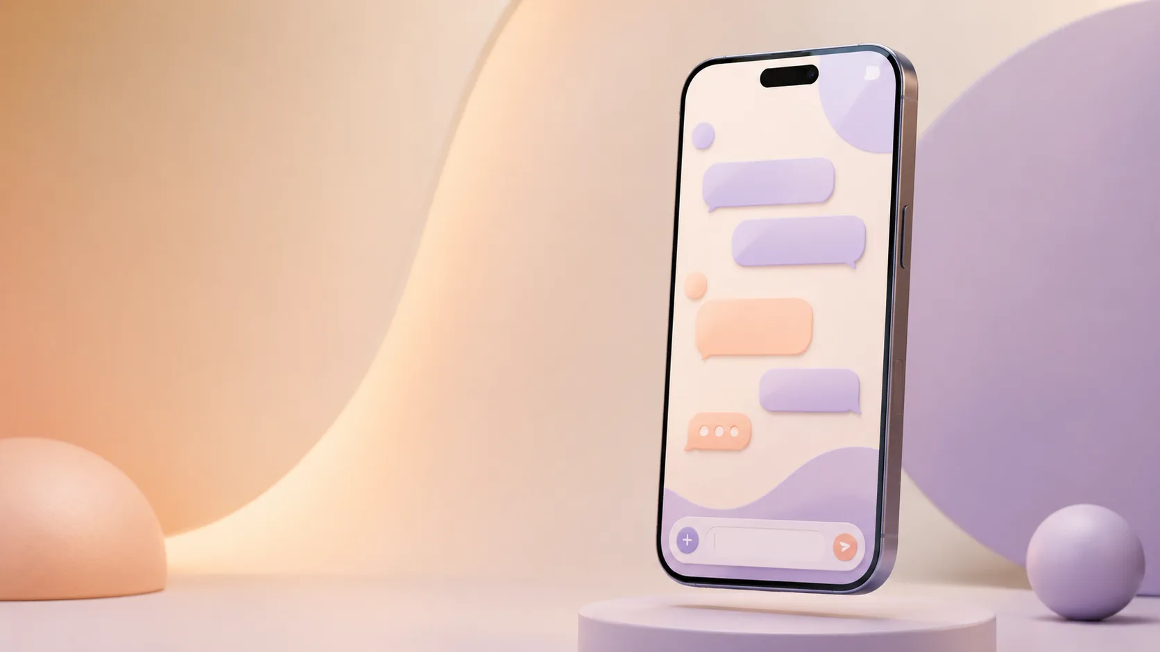 Floating smartphone showing an abstract messaging UI with soft rounded chat bubbles