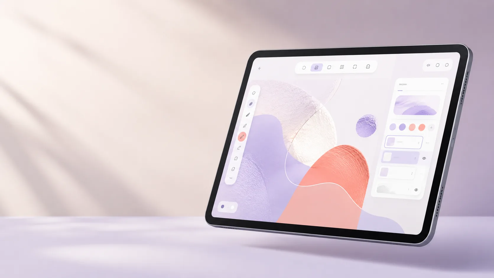 Floating tablet showing an abstract design-canvas UI with shapes and a toolbar