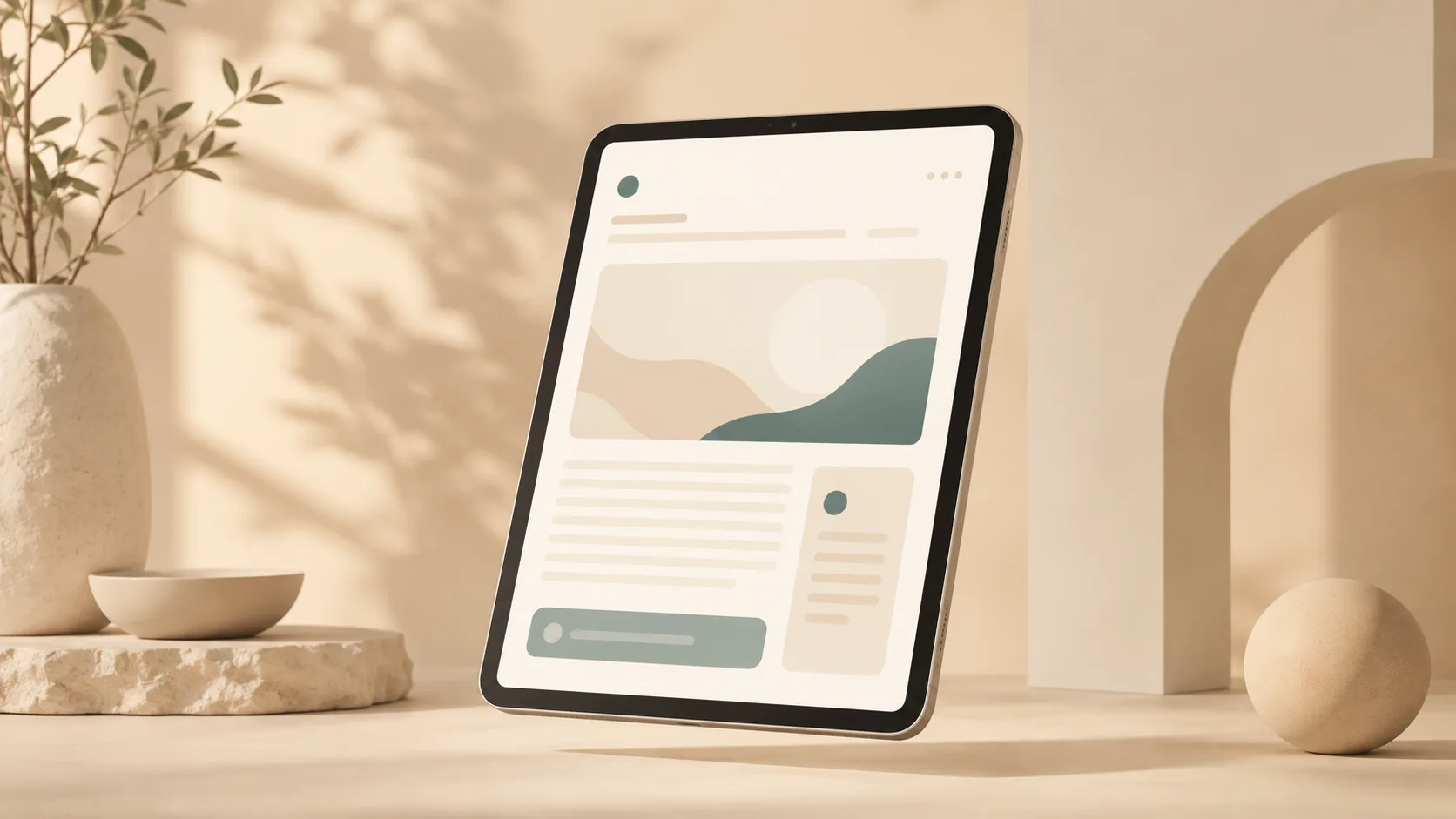 Floating tablet showing an abstract article UI with soft text blocks and an image