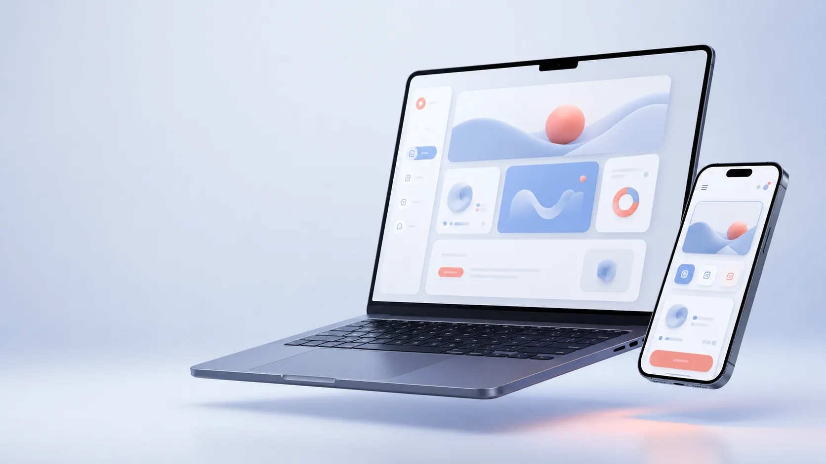 Floating laptop and smartphone together showing a matching abstract UI