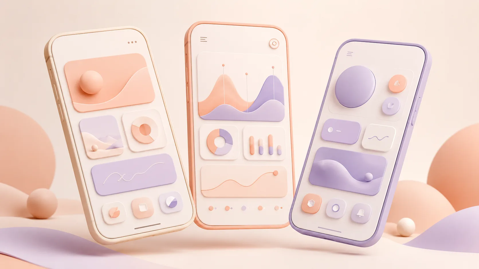 Three smartphones floating in a fanned arc, each with a different abstract app view