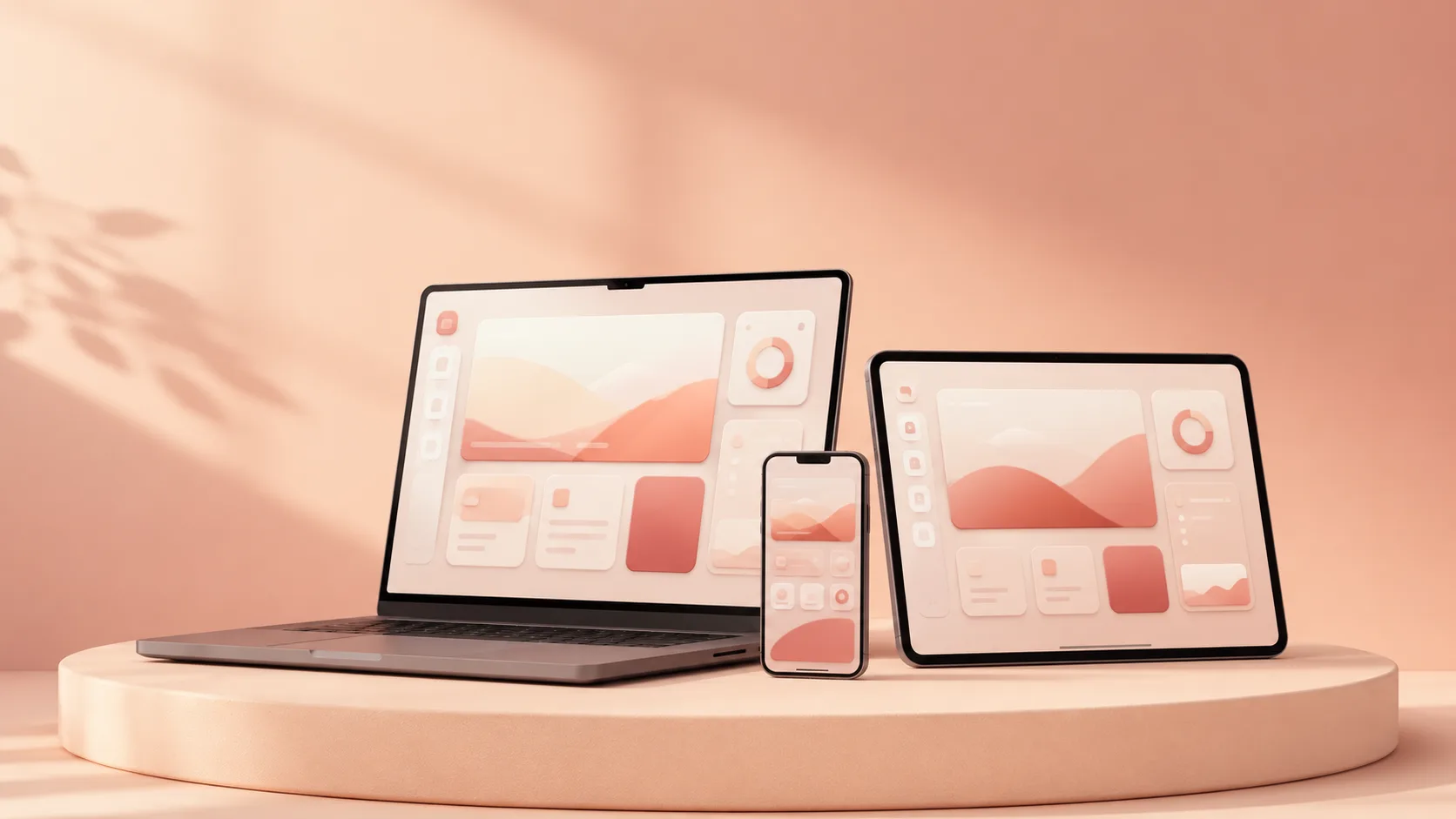 Laptop, tablet and phone resting together on a soft rounded podium