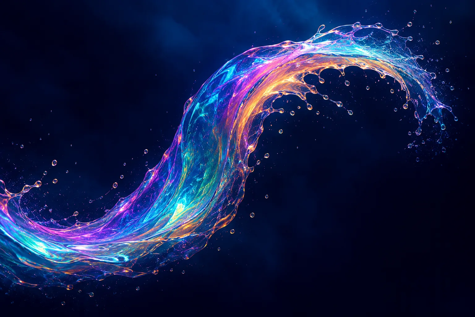 Frozen iridescent fluid wave arching across deep navy