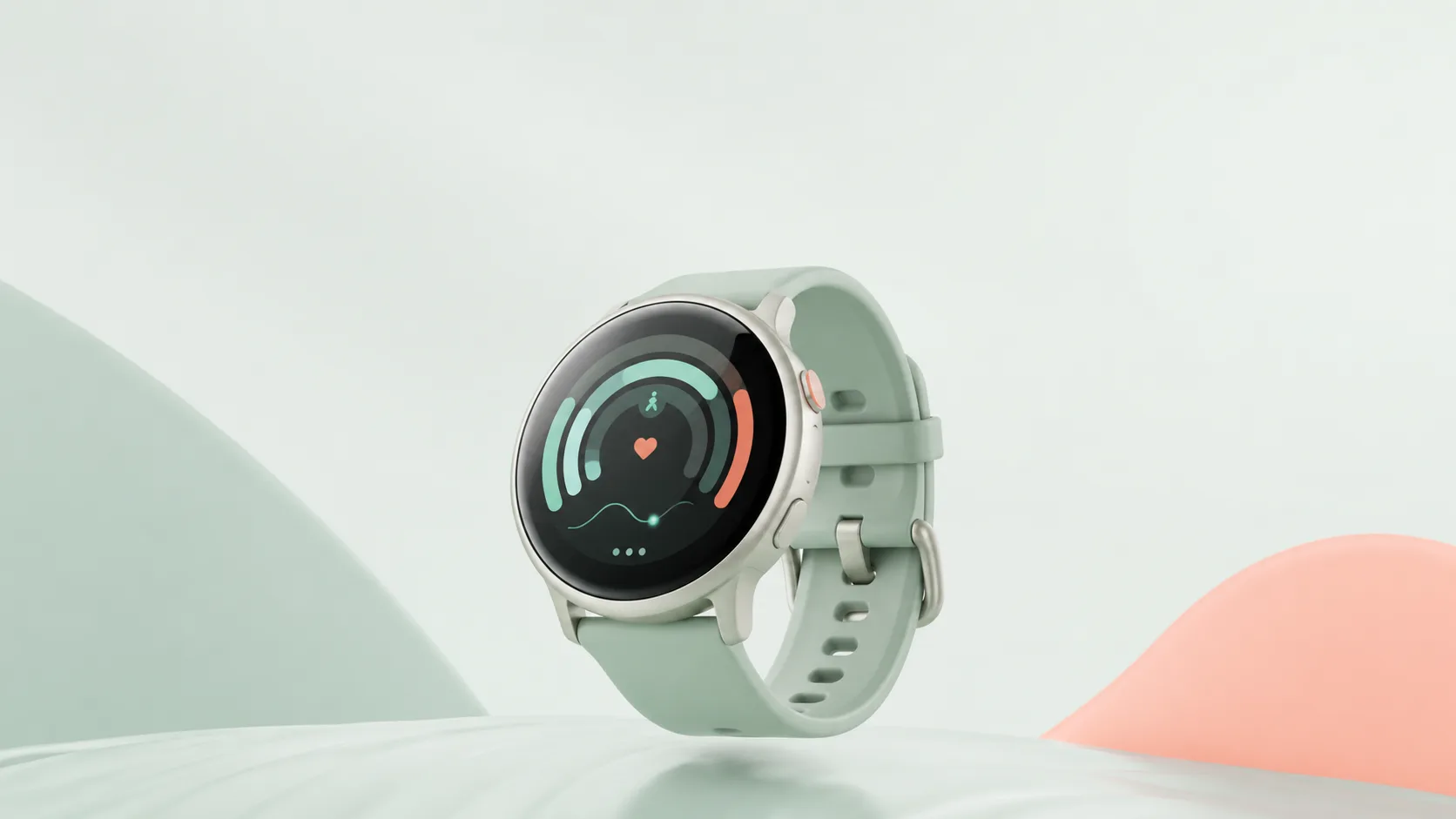 Smartwatch flotante mostrando una interfaz de actividad con anillos de progreso