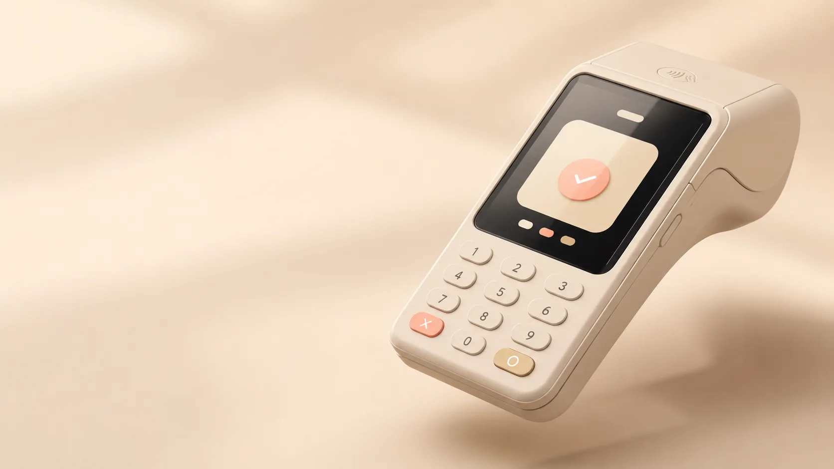 Floating card-payment terminal showing an abstract payment confirmation UI