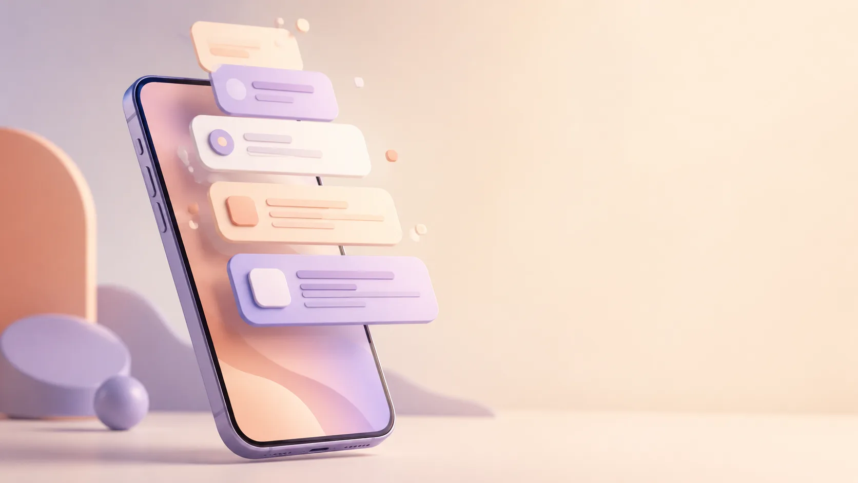 Floating smartphone with soft notification cards stacking off the top of the screen