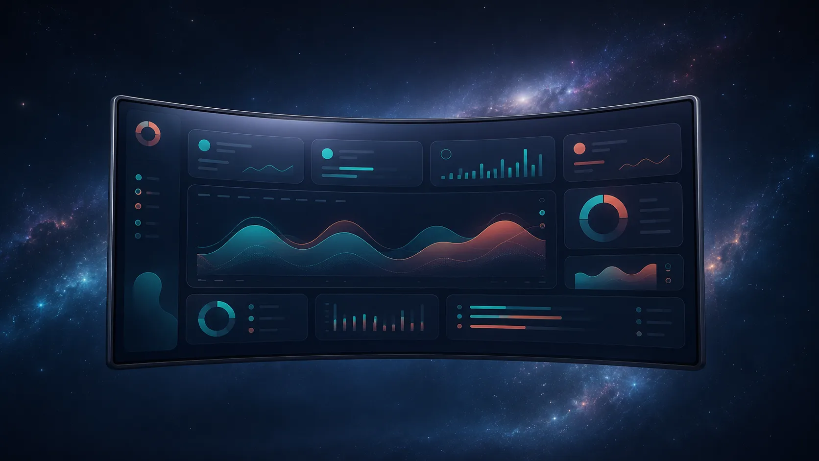Large gently curved display showing an abstract dashboard with soft wide charts