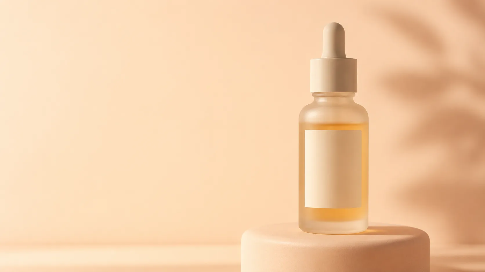 Frosted-glass serum dropper bottle on a soft podium in warm cream and amber
