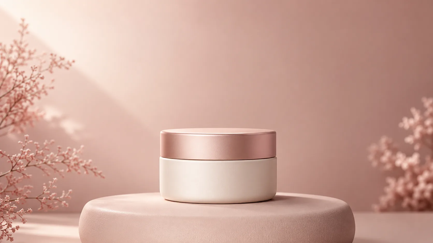 Round cosmetic cream jar on a soft pedestal in blush and warm ivory