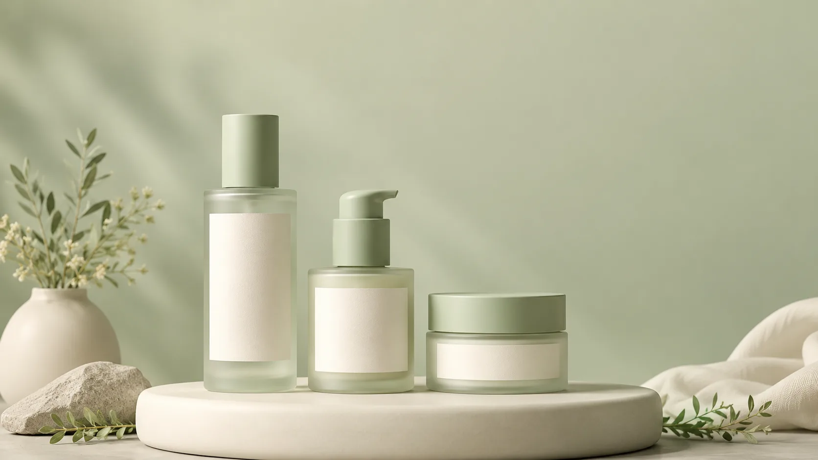 Collection of three unbranded skincare bottles and jars on a soft podium