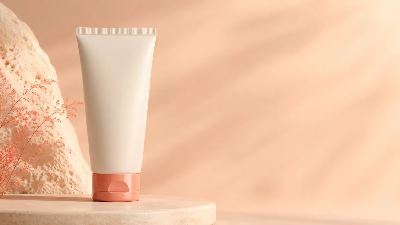 Soft cosmetic tube standing on a soft podium in warm cream and coral