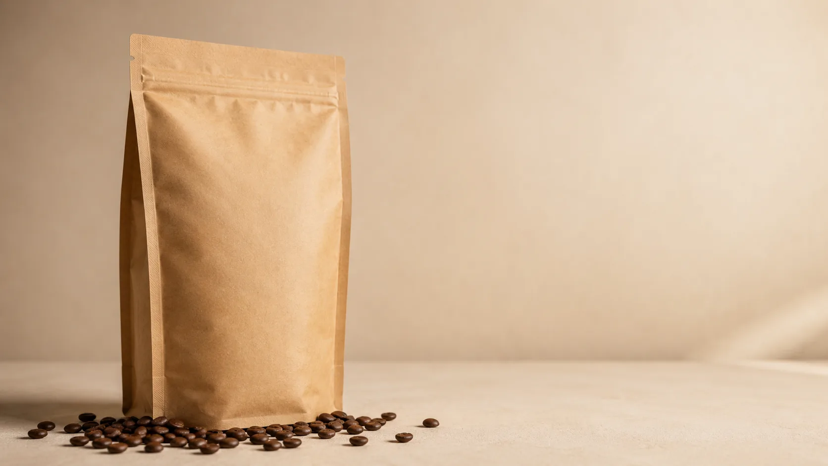 Standing kraft-paper coffee pouch with scattered beans on a soft surface