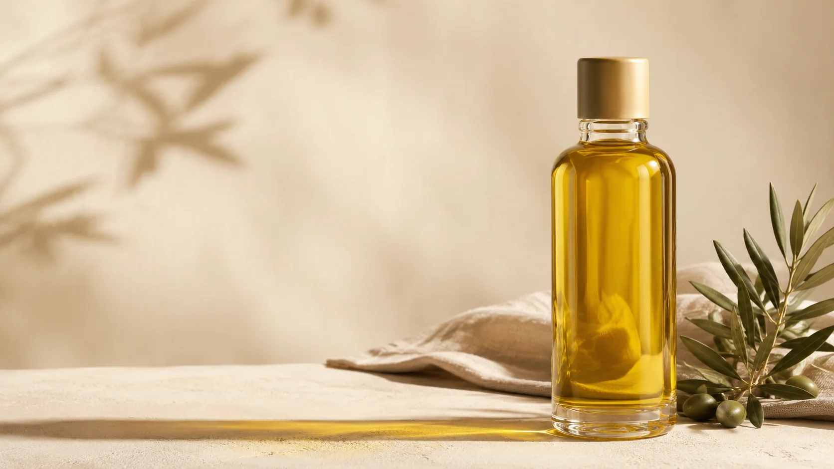 Tall glass bottle of golden oil on a soft surface in cream and olive tones