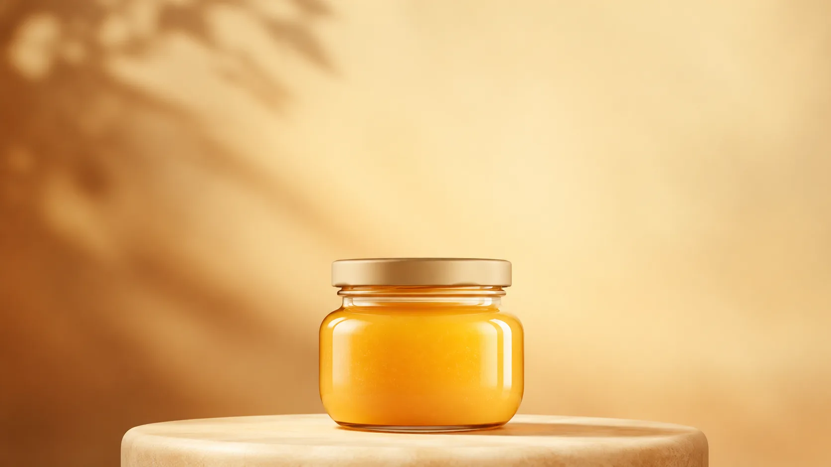 Rounded glass jar of soft golden spread on a soft podium in honey tones