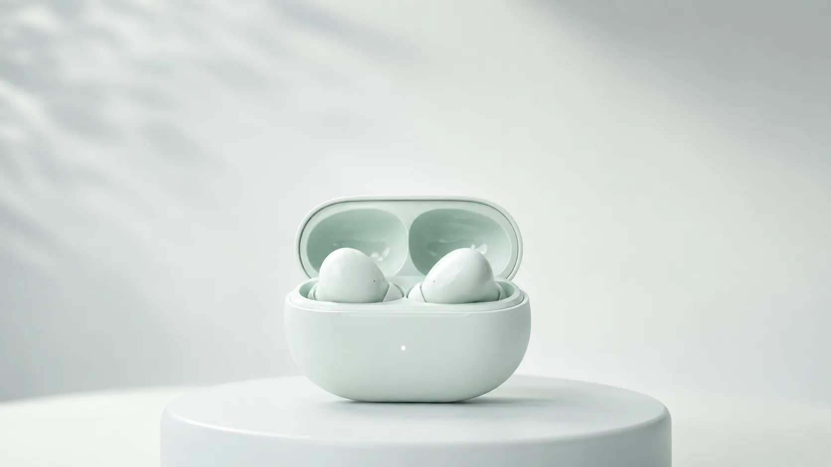 Open earbuds charging case with two earbuds on a soft podium