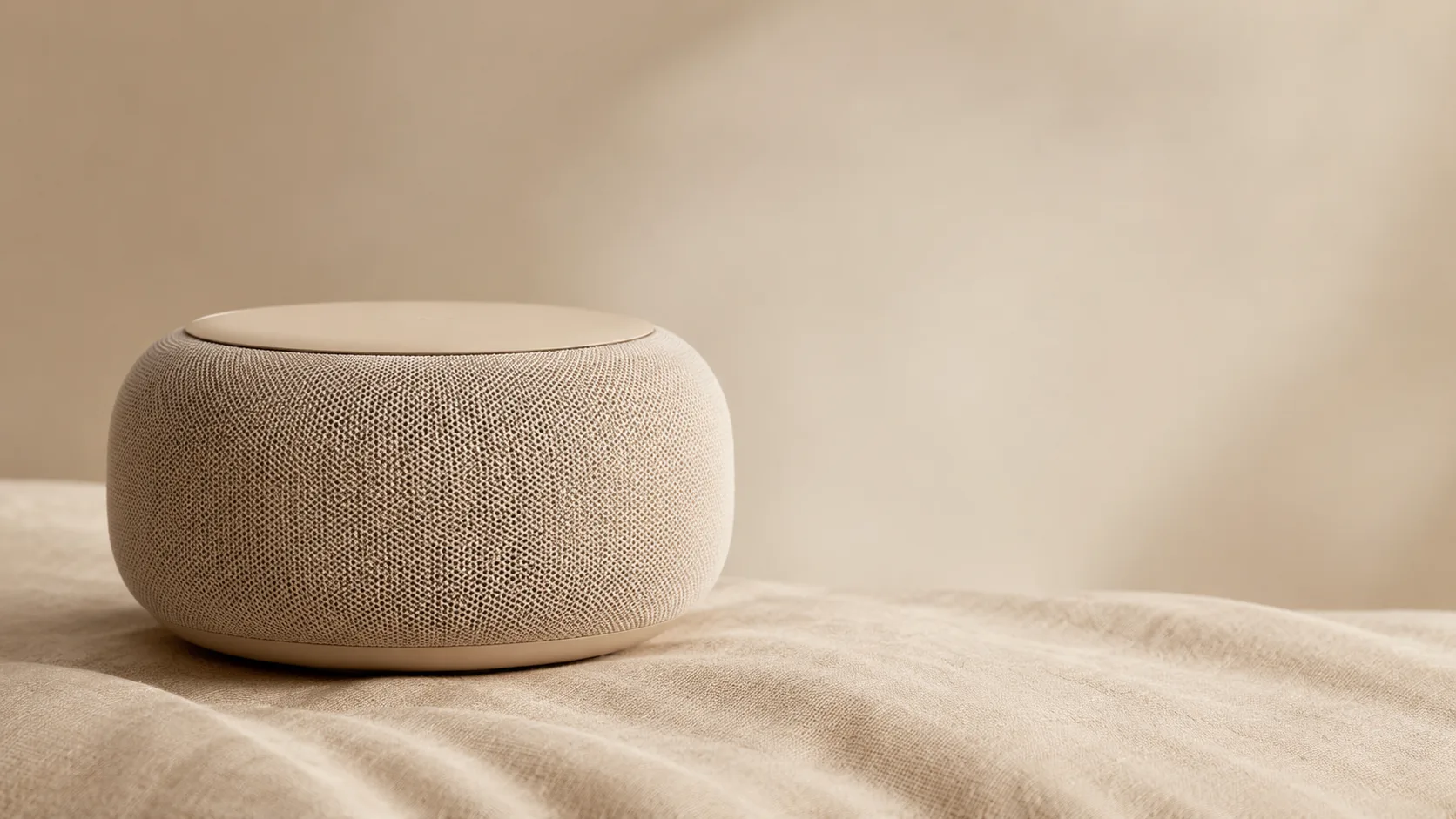 Rounded fabric-mesh smart speaker on a soft surface in warm sand tones