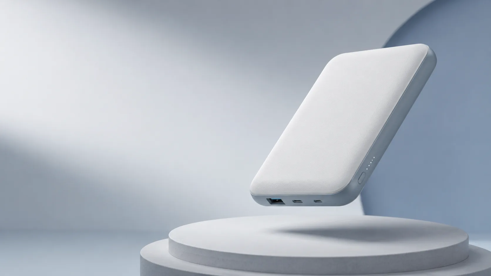 Slim portable charger floating above a soft podium in cool off-white and slate