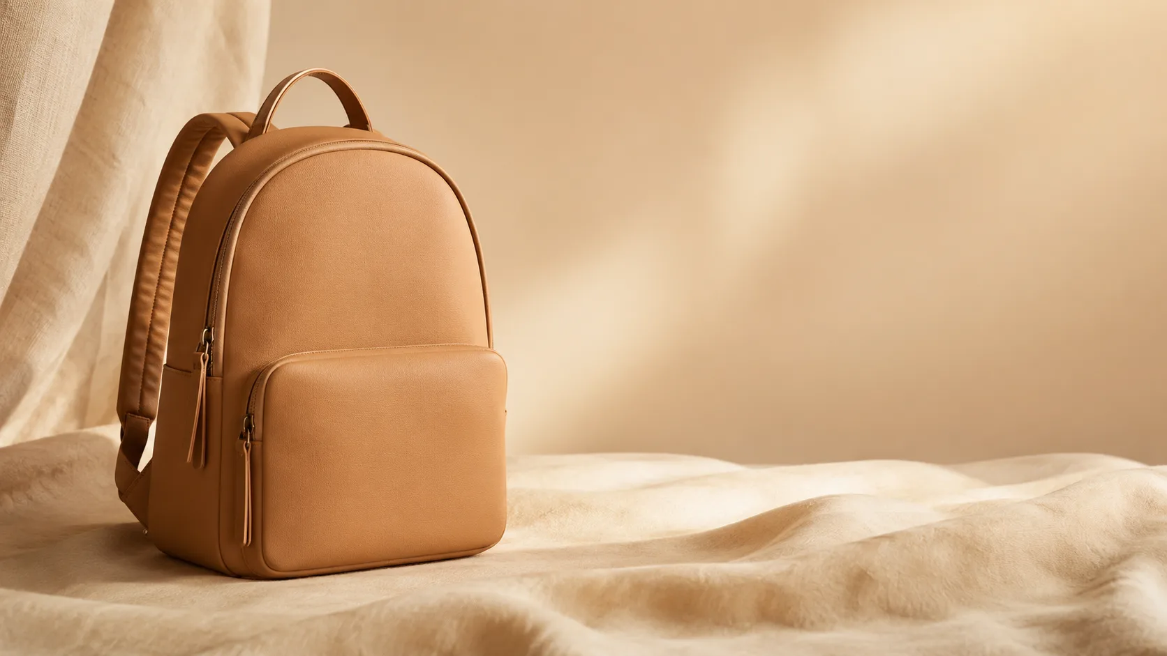 Soft minimalist backpack standing upright on a soft surface in warm tan tones