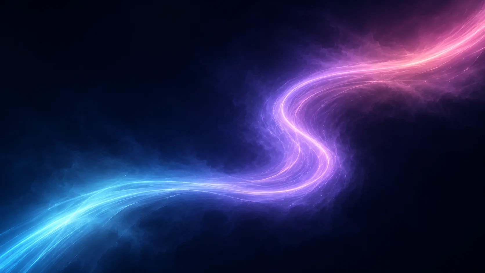 Glowing ribbon of light tracing an S-curve through dark ink-blue fog