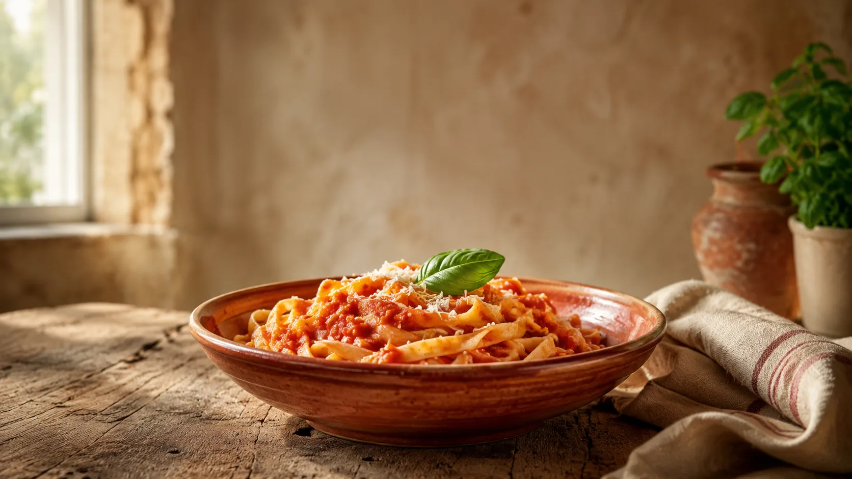 Editorial photograph of a rustic bowl of fresh pasta with cheese and basil
