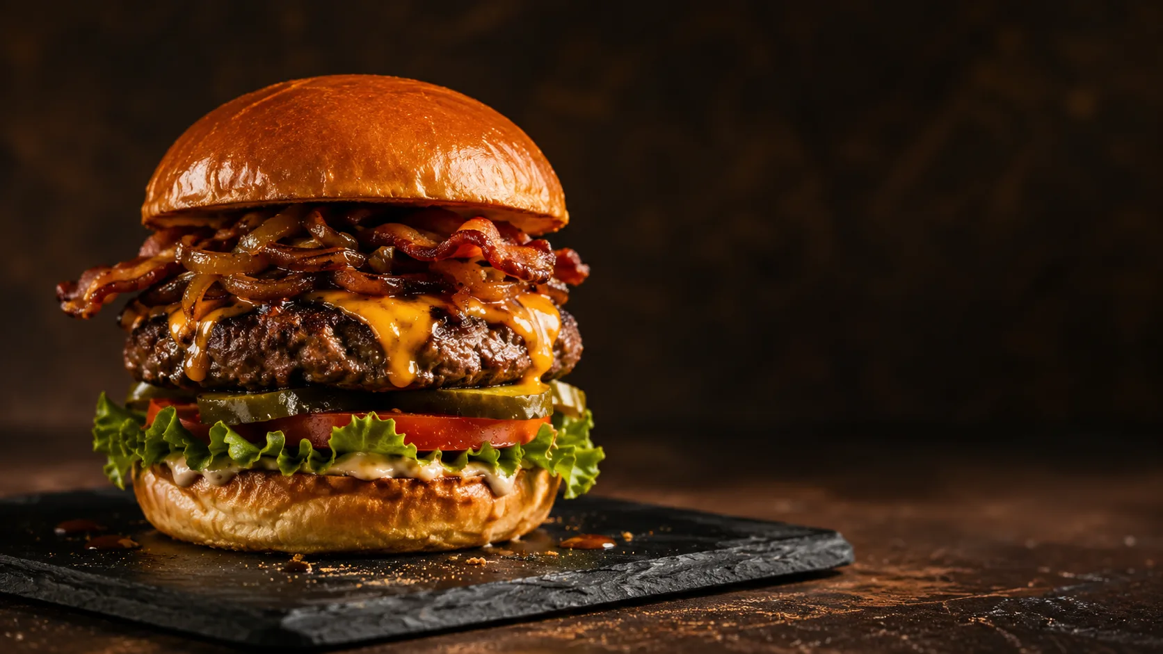 Editorial photograph of a tall stacked gourmet burger on a slate board