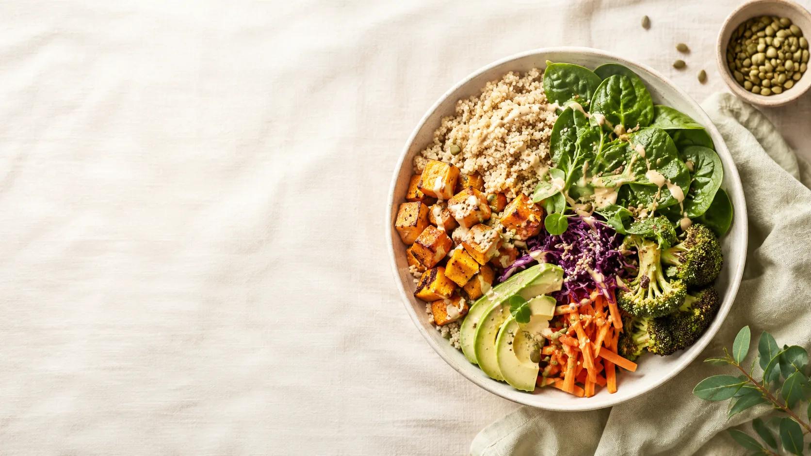 Editorial photograph of a fresh colorful grain bowl shot from overhead