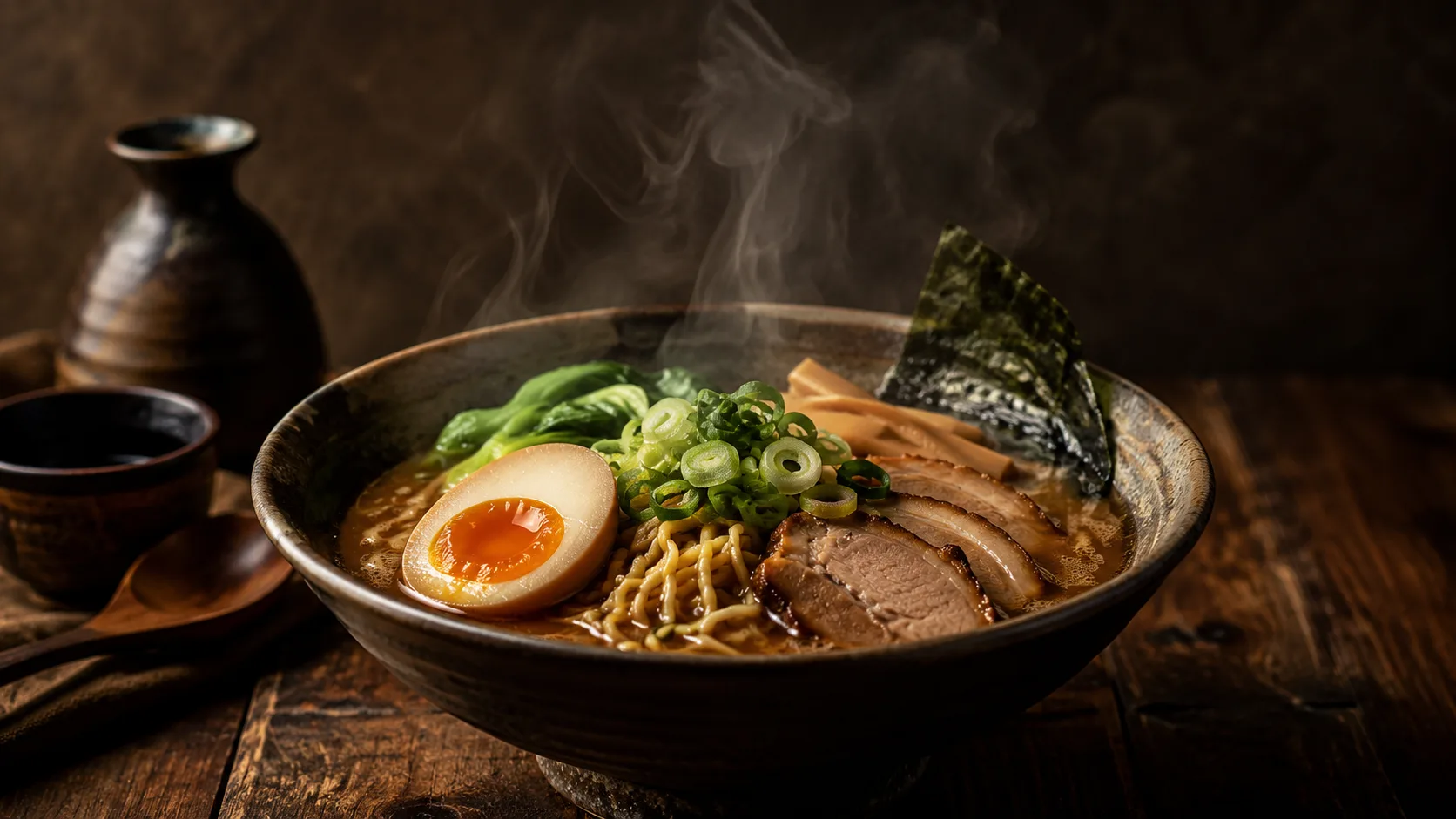 Editorial photograph of a steaming bowl of ramen with a soft egg and toppings