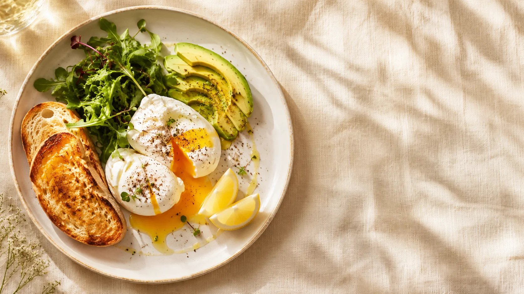 Editorial photograph of a brunch plate with poached eggs, avocado and toast