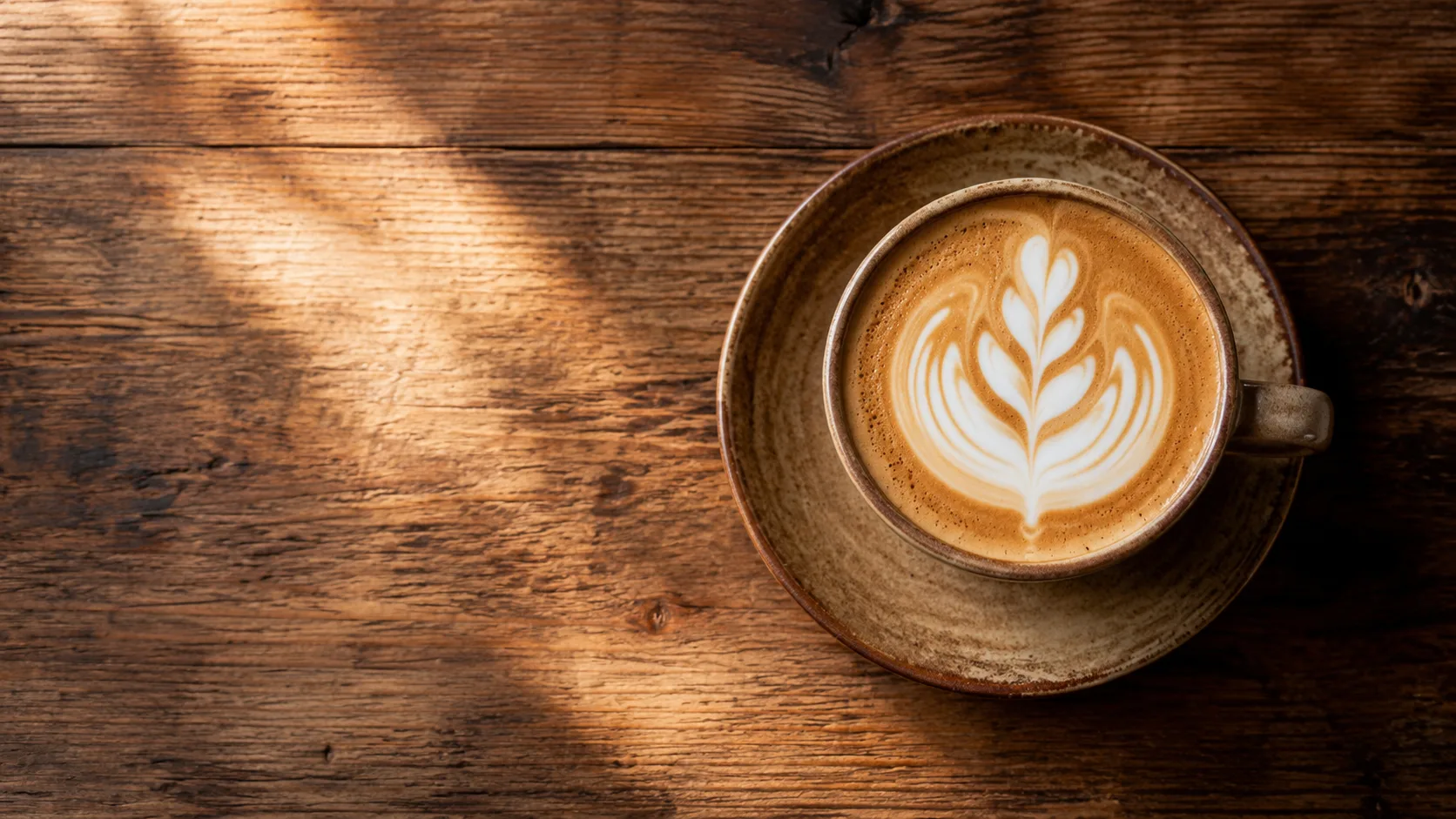 Editorial overhead photograph of a cappuccino with delicate latte art