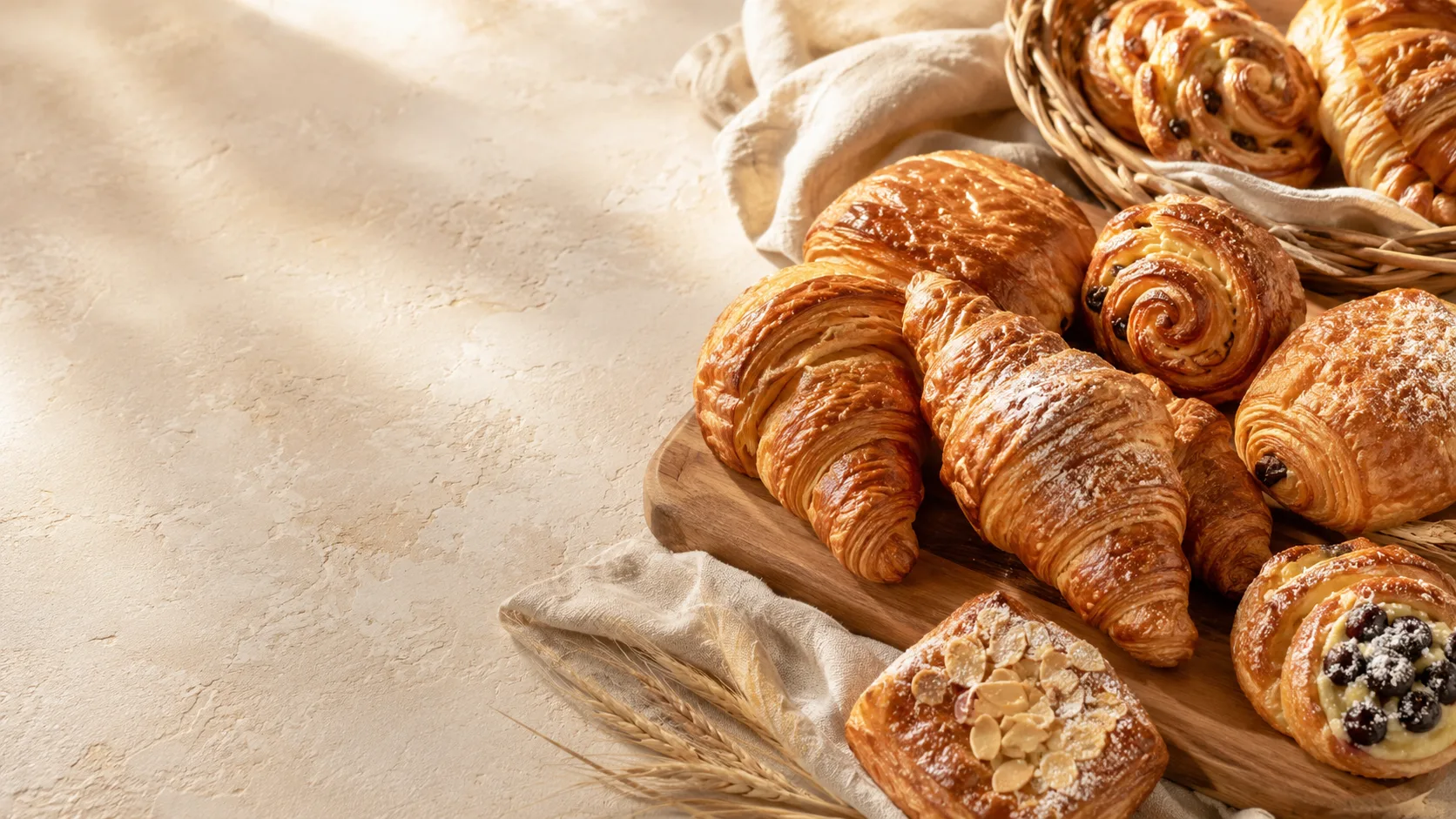 Editorial photograph of a spread of fresh flaky croissants and pastries