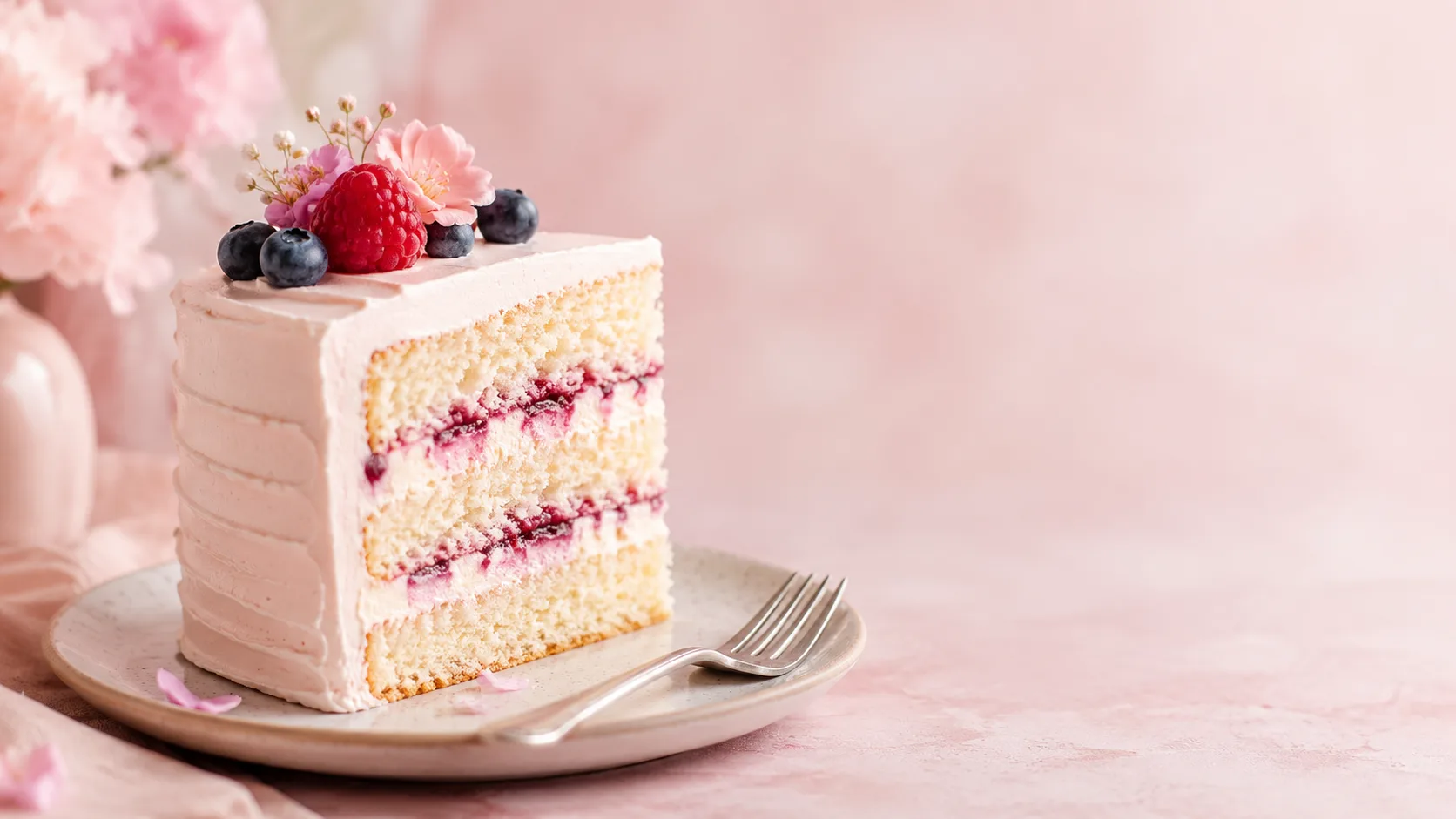 Editorial photograph of a single slice of layer cake on a small plate