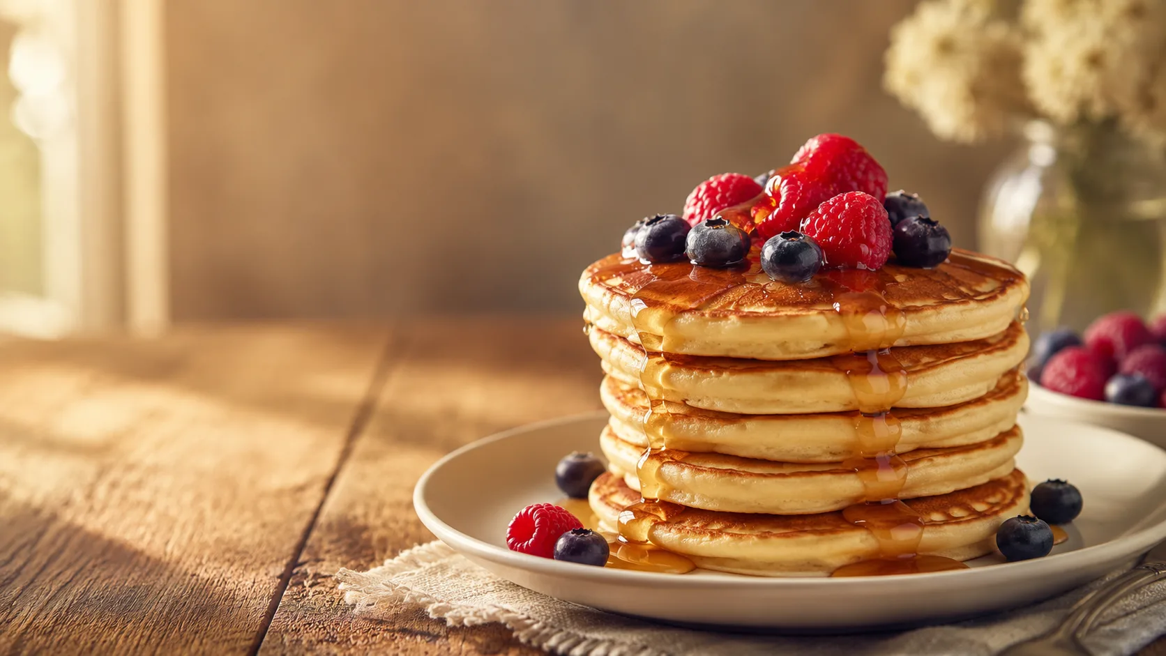 Editorial photograph of a tall stack of fluffy pancakes with syrup and berries