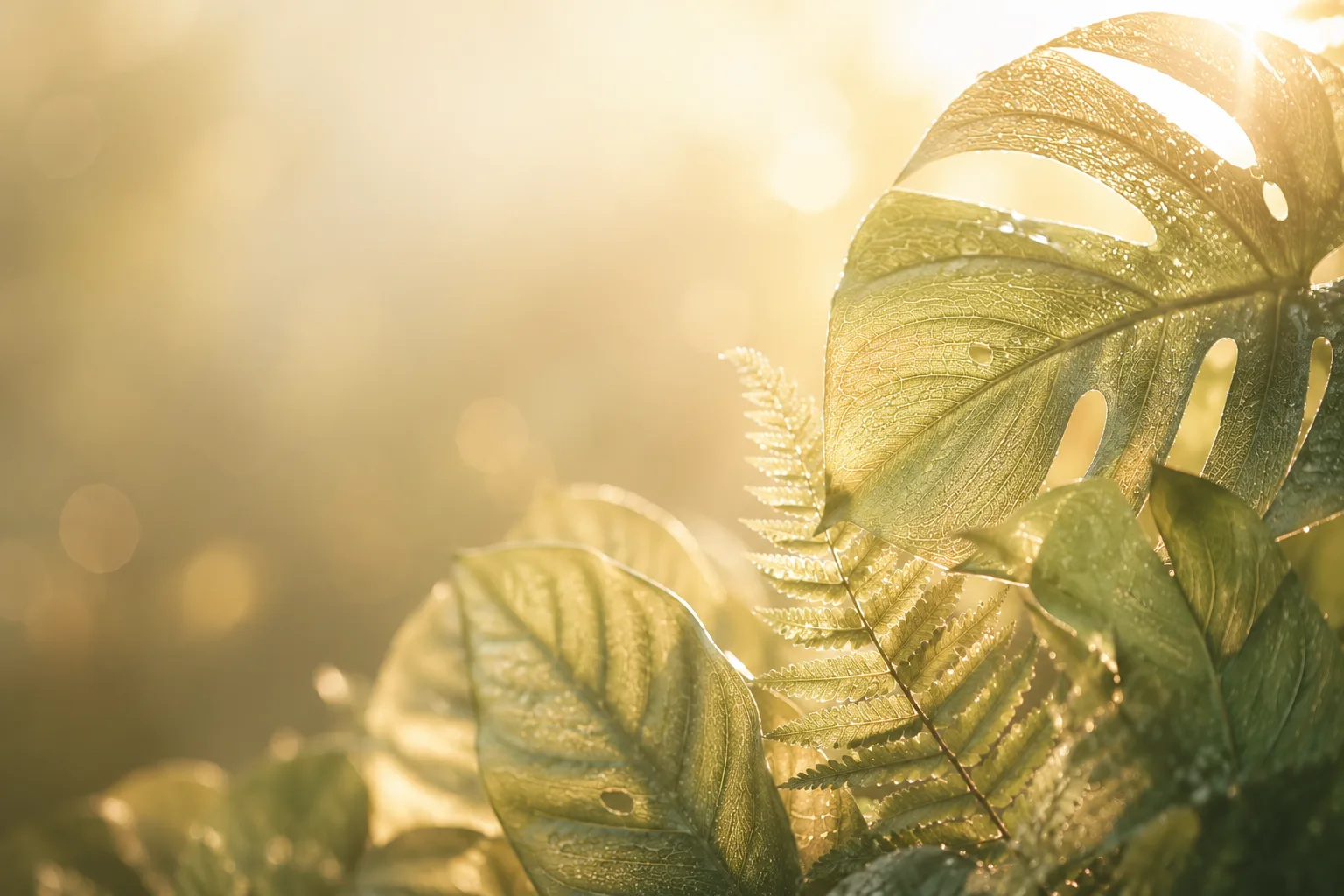Backlit translucent botanical leaves catching golden hour sun