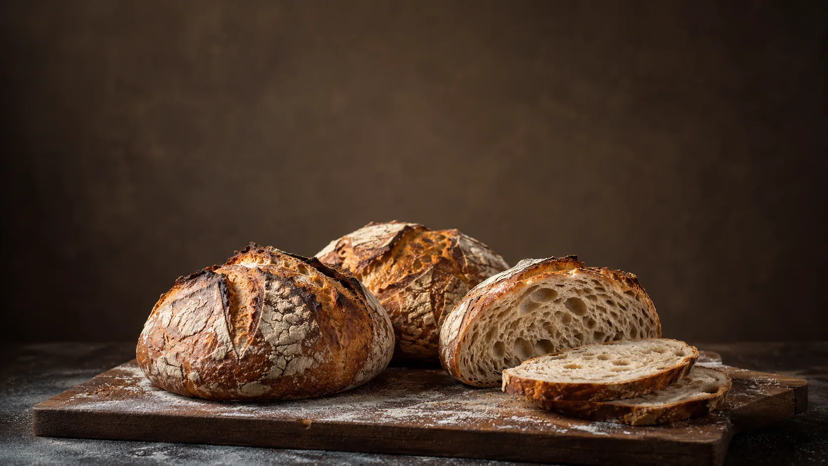Editorial photograph of rustic artisan bread loaves with a crisp scored crust
