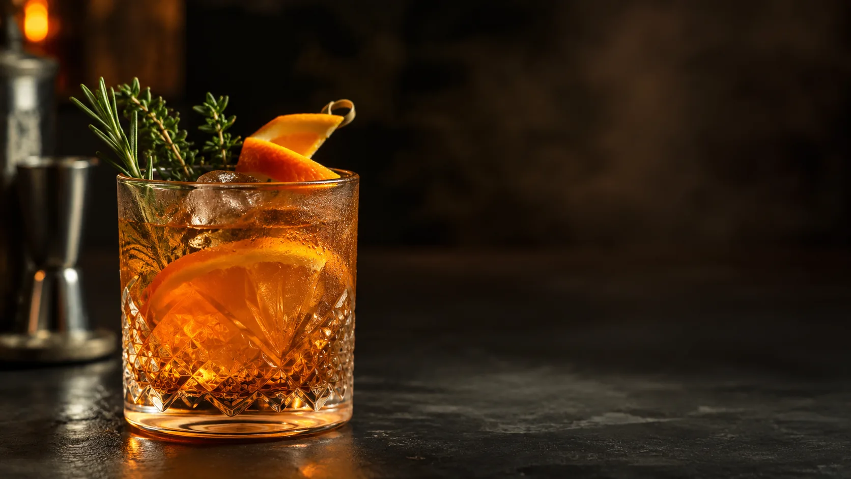 Editorial photograph of a craft cocktail garnished with citrus and herbs