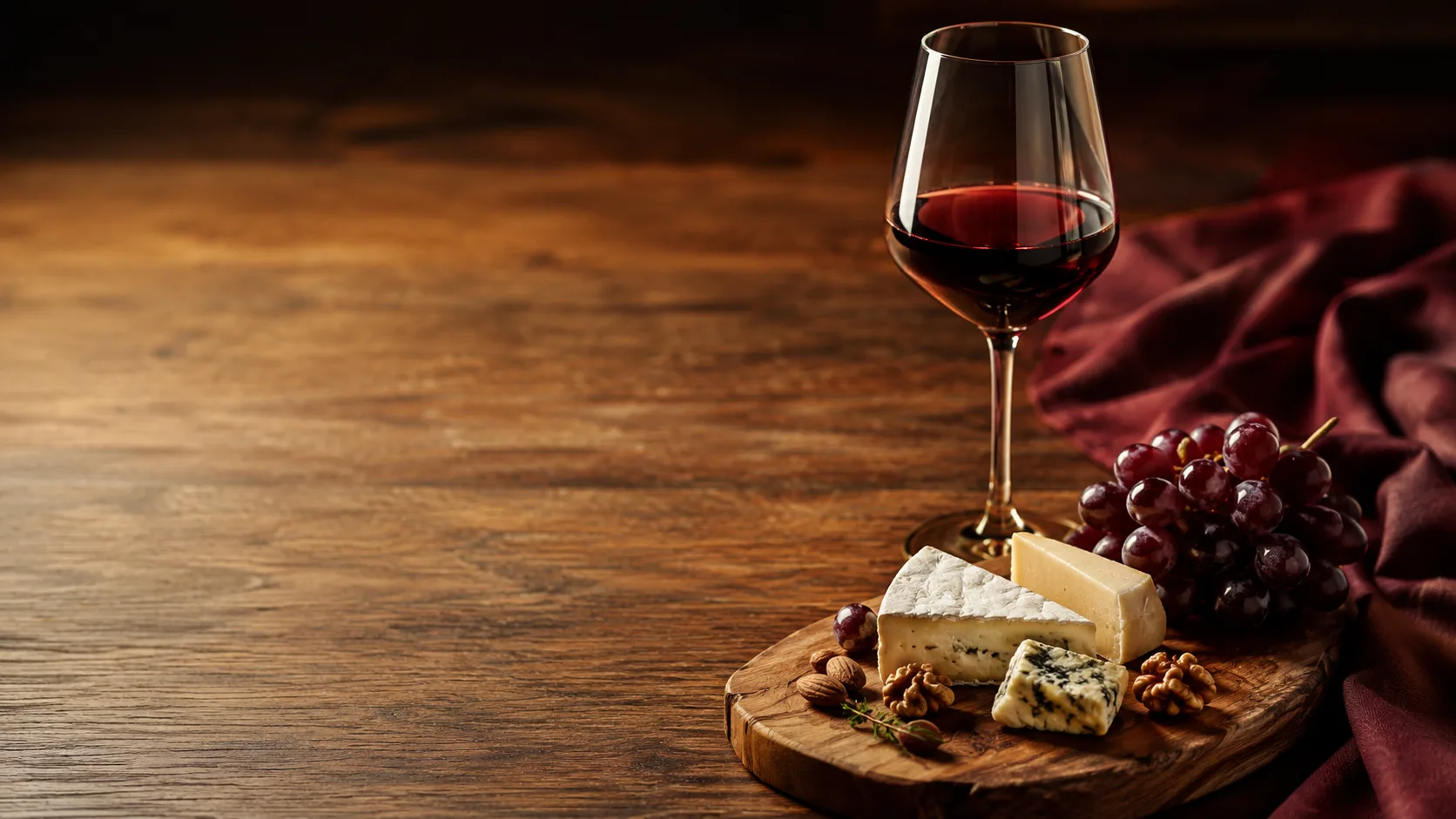 Editorial photograph of a glass of red wine beside a small cheese board