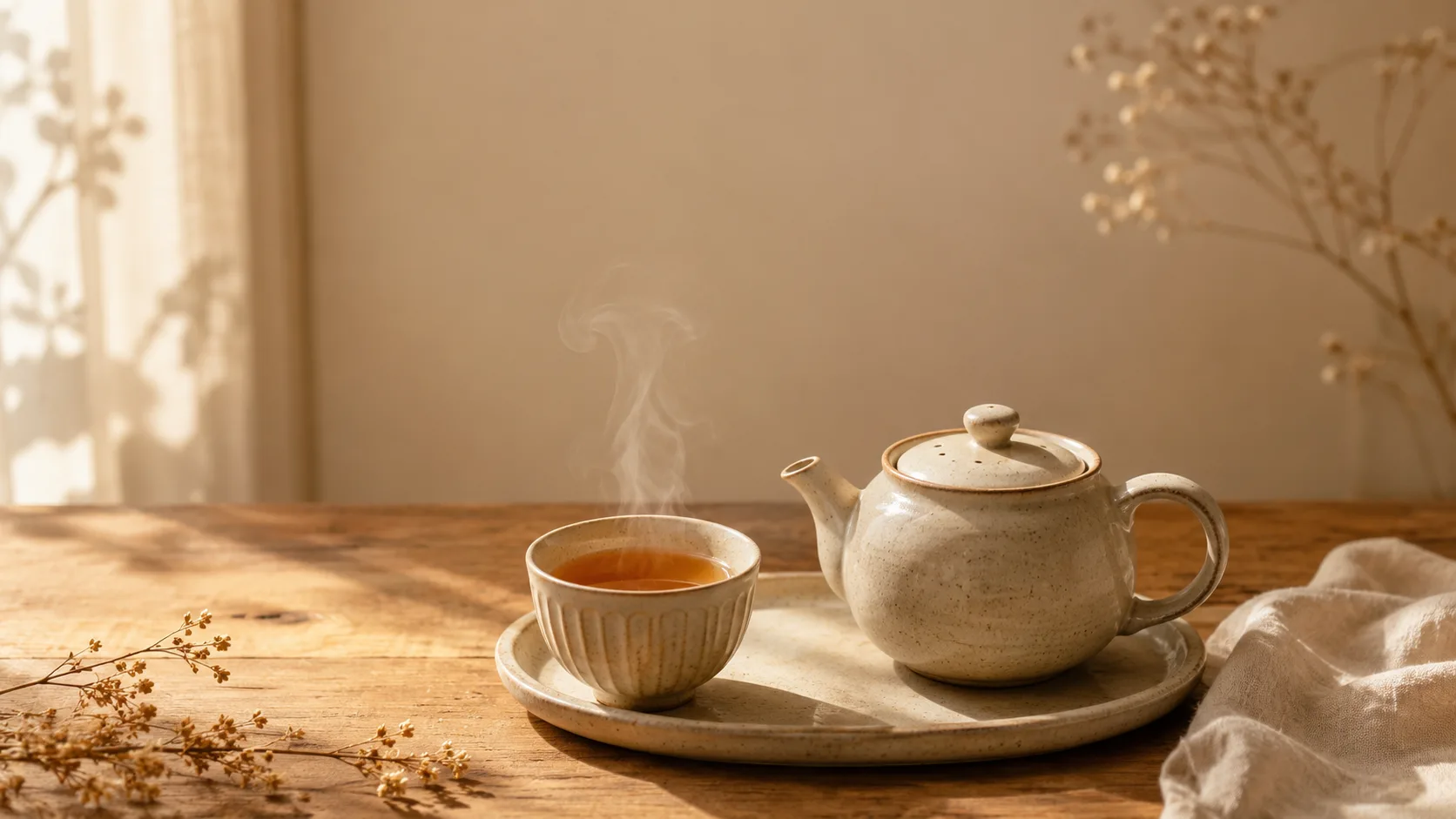 Editorial photograph of a calm tea setup with a ceramic pot and a cup of tea