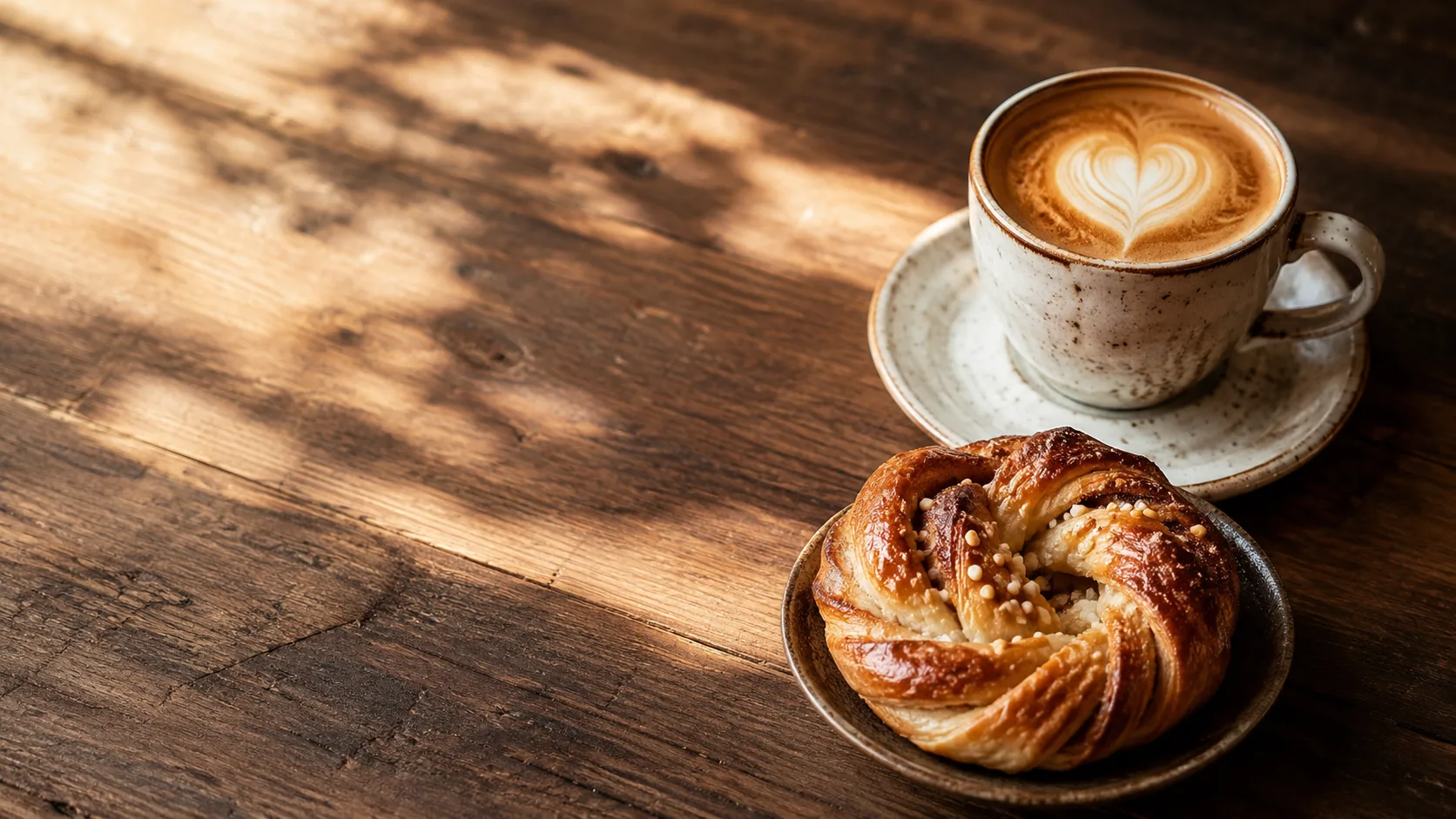 Editorial photograph of a cup of coffee and a small pastry on a cafe table