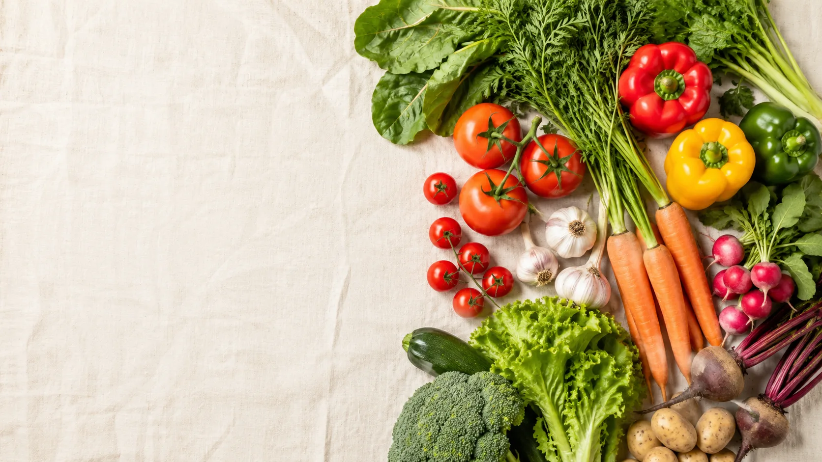 Editorial overhead flat-lay of fresh colorful vegetables