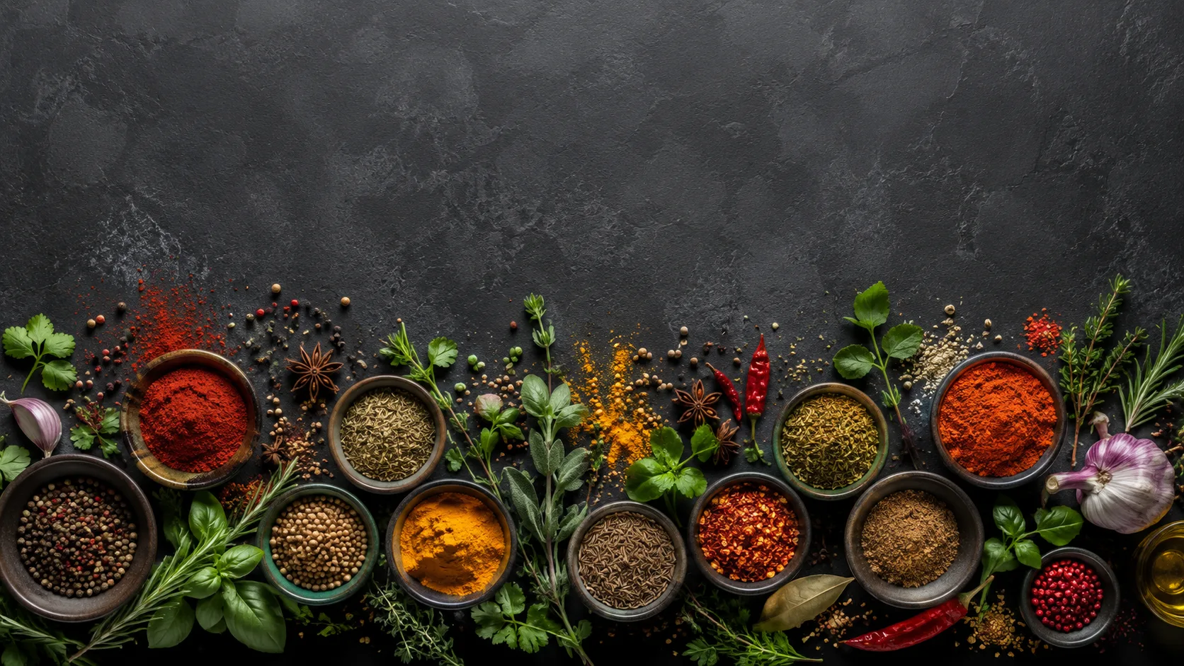 Editorial overhead flat-lay of fresh herbs and bowls of colorful spices