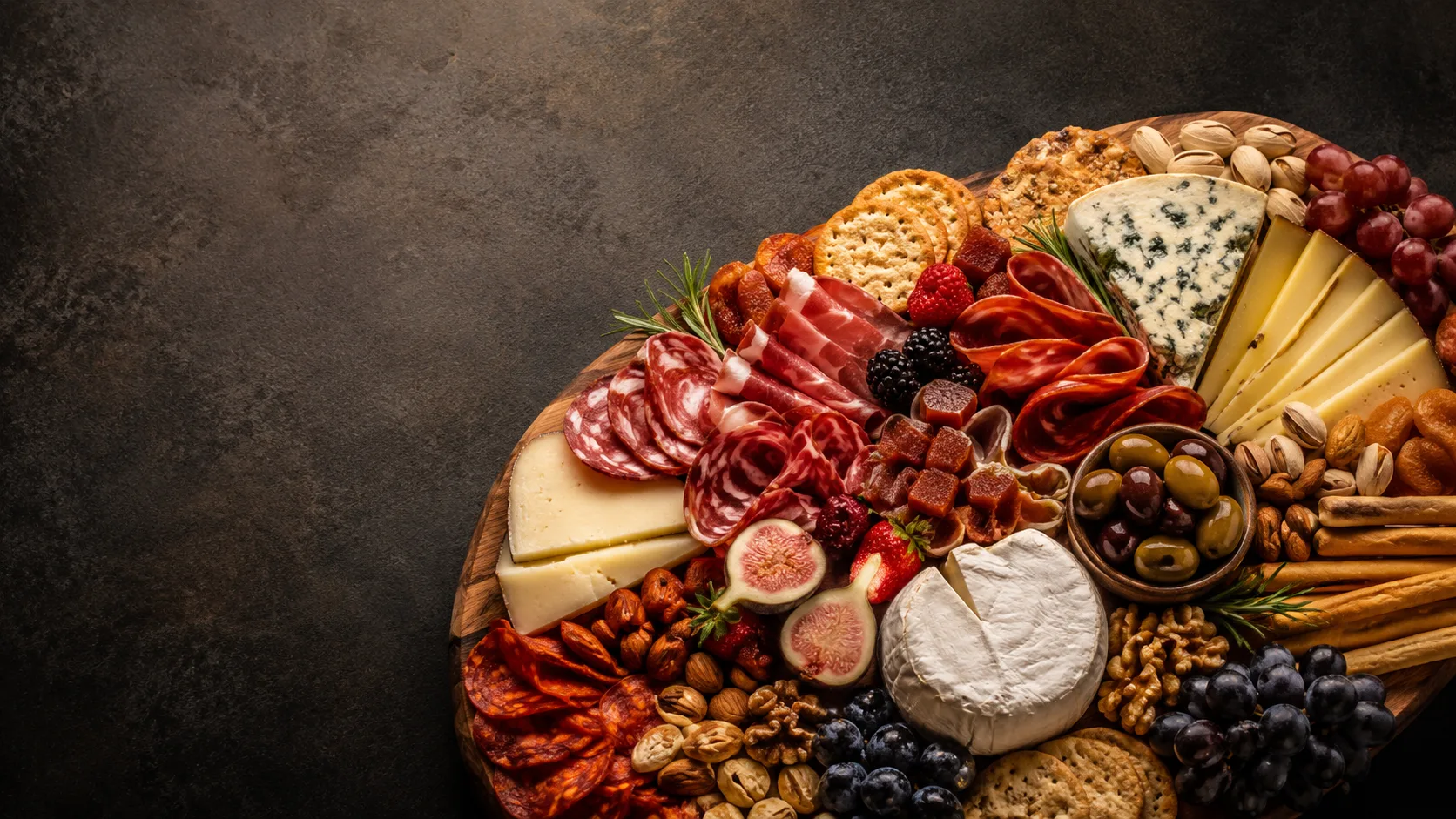 Editorial photograph of a generous grazing board with meats, cheeses and fruit